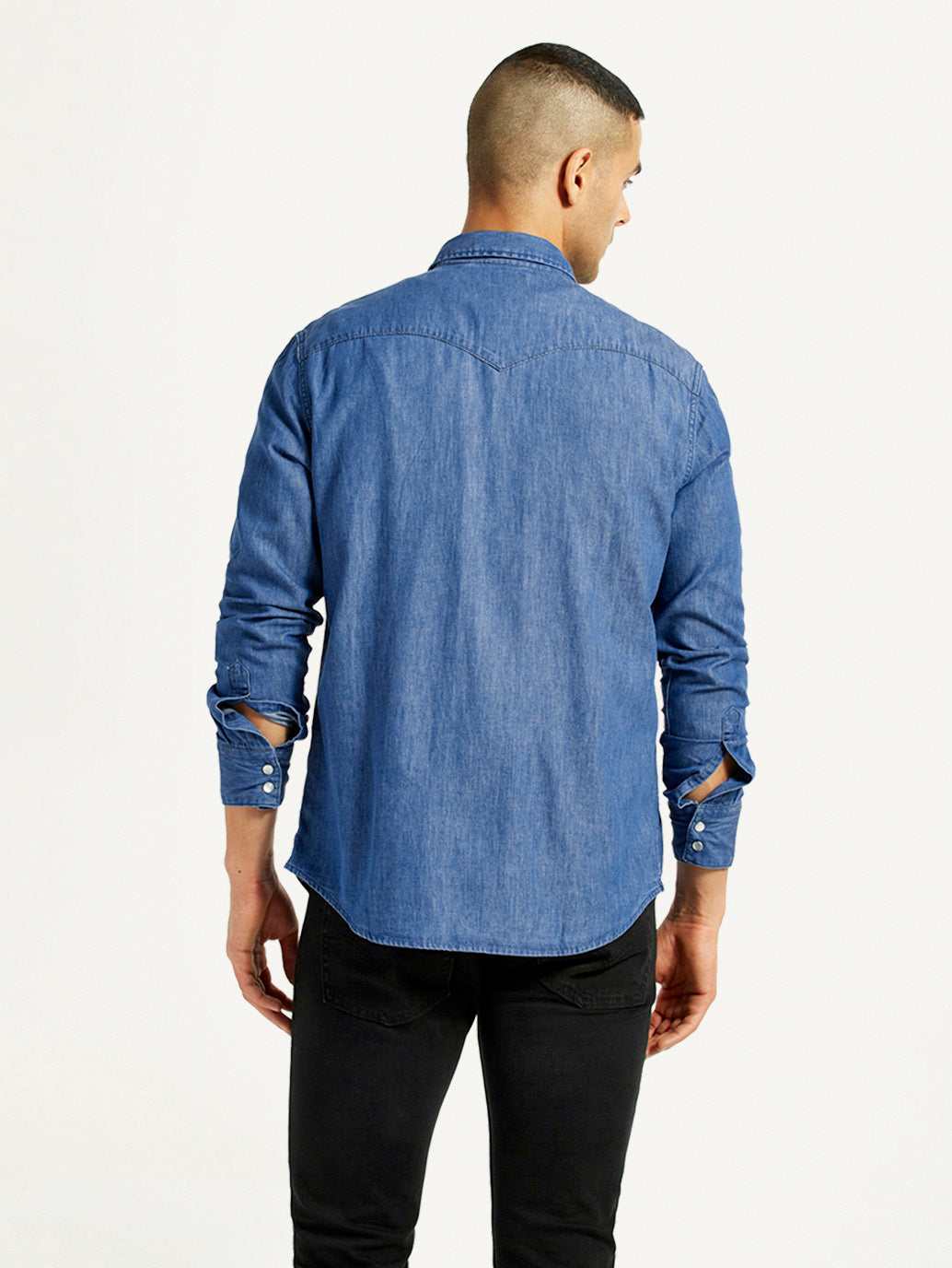 Men's Solid Blue Slim Fit Denim Shirt - Back View