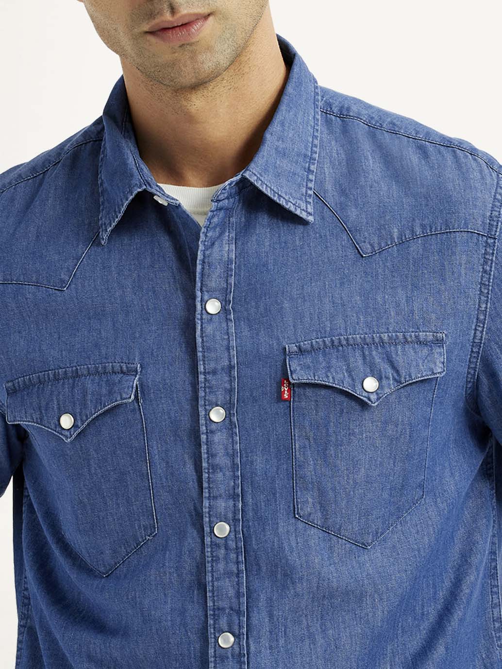Men's Solid Blue Slim Fit Denim Shirt - Detail View