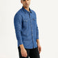 Men's Solid Blue Slim Fit Denim Shirt - Side View