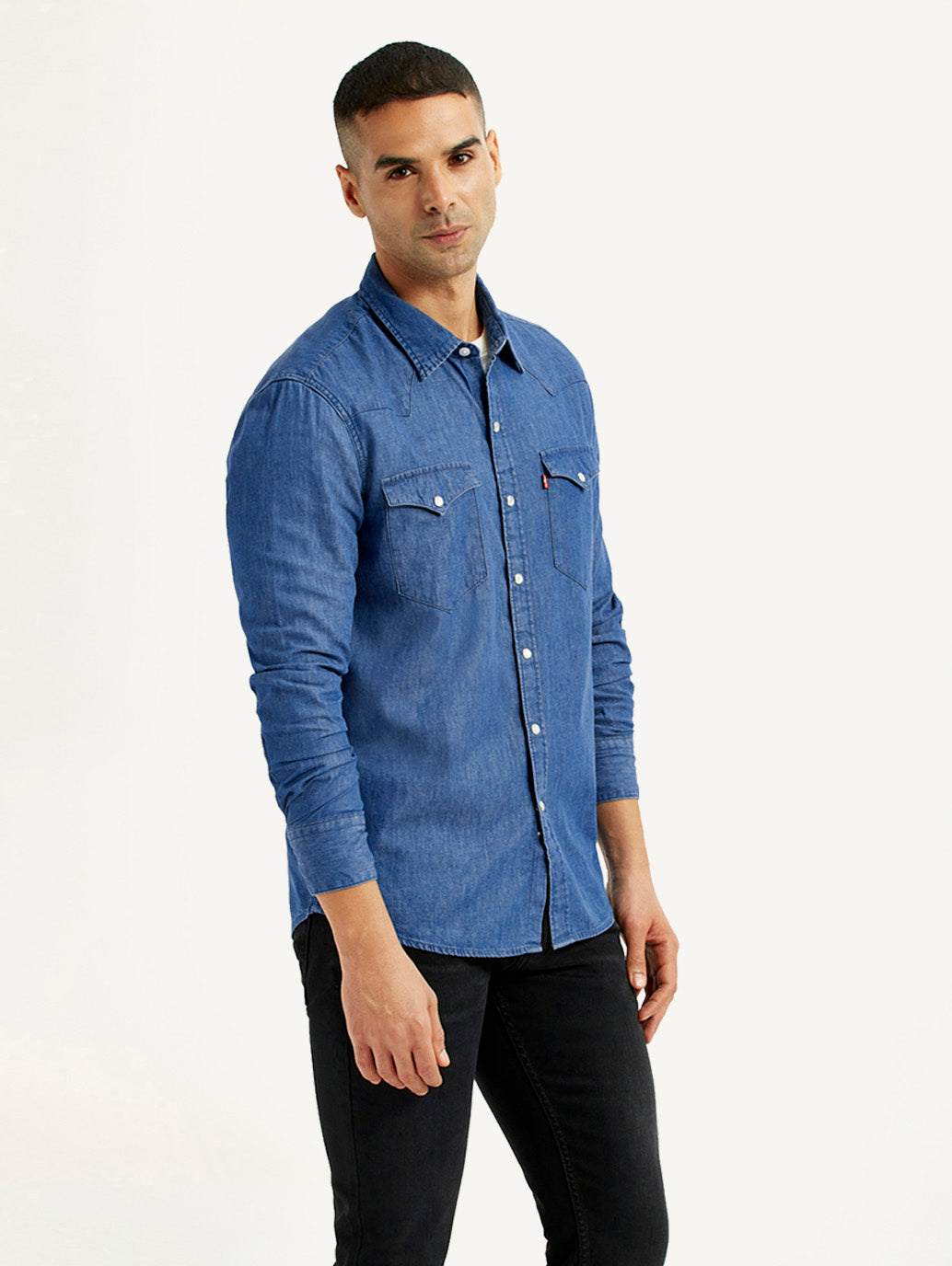 Men's Solid Blue Slim Fit Denim Shirt - Side View