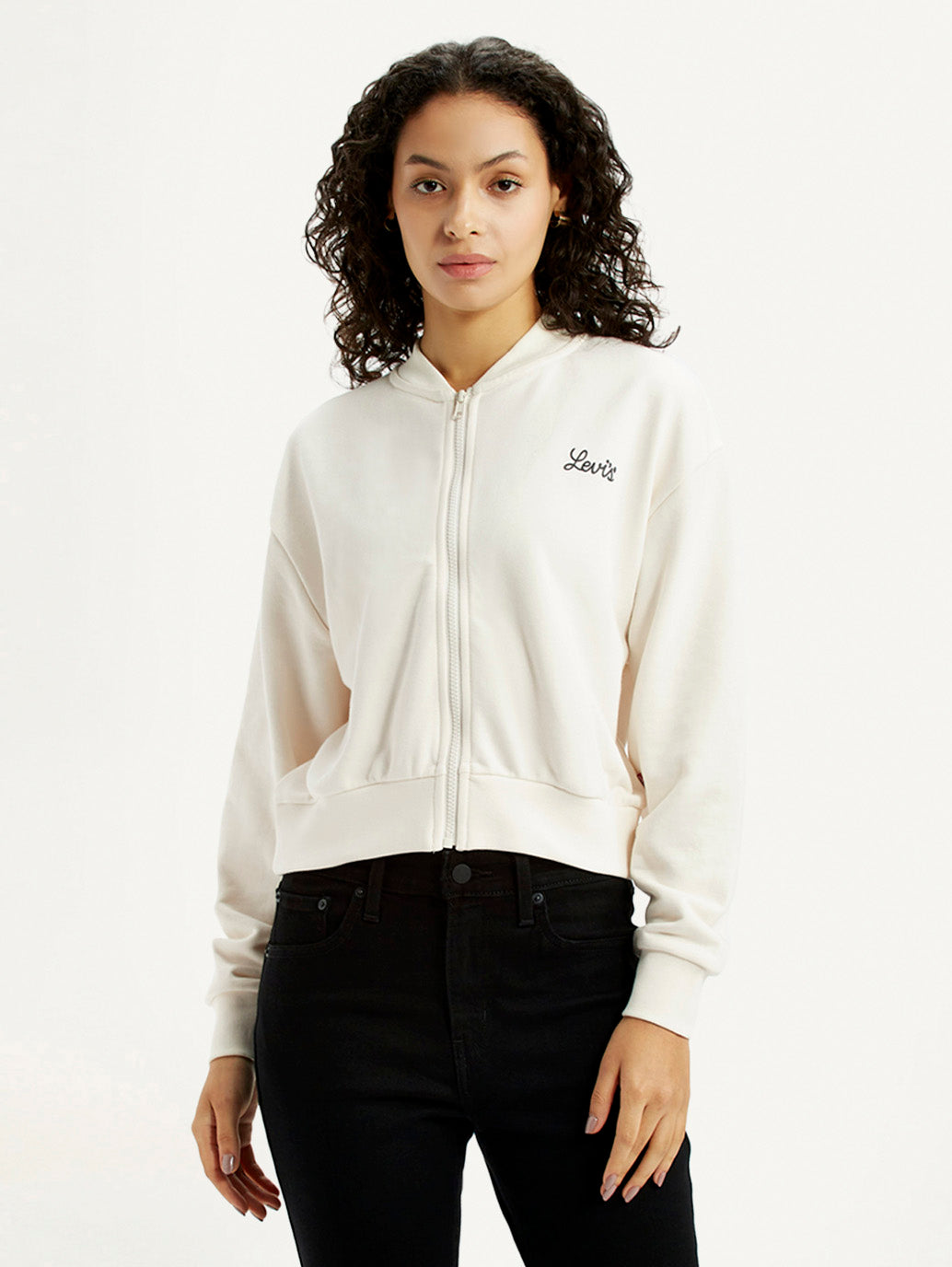 Women's Graphic Print Off White Collar Neck Sweatshirt - Front View