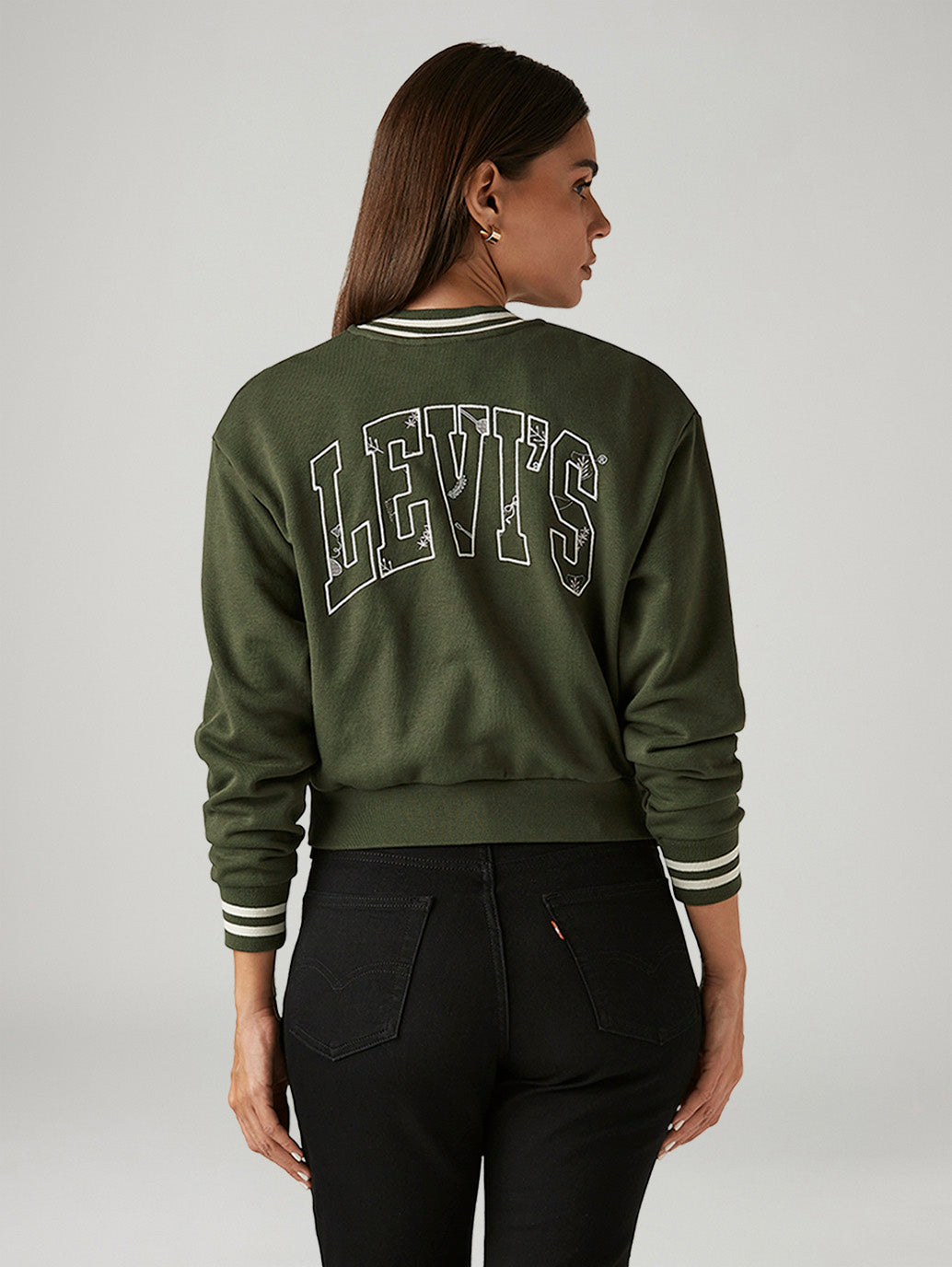 Women's Brand Logo Olive Crew Neck Sweatshirt - Back View