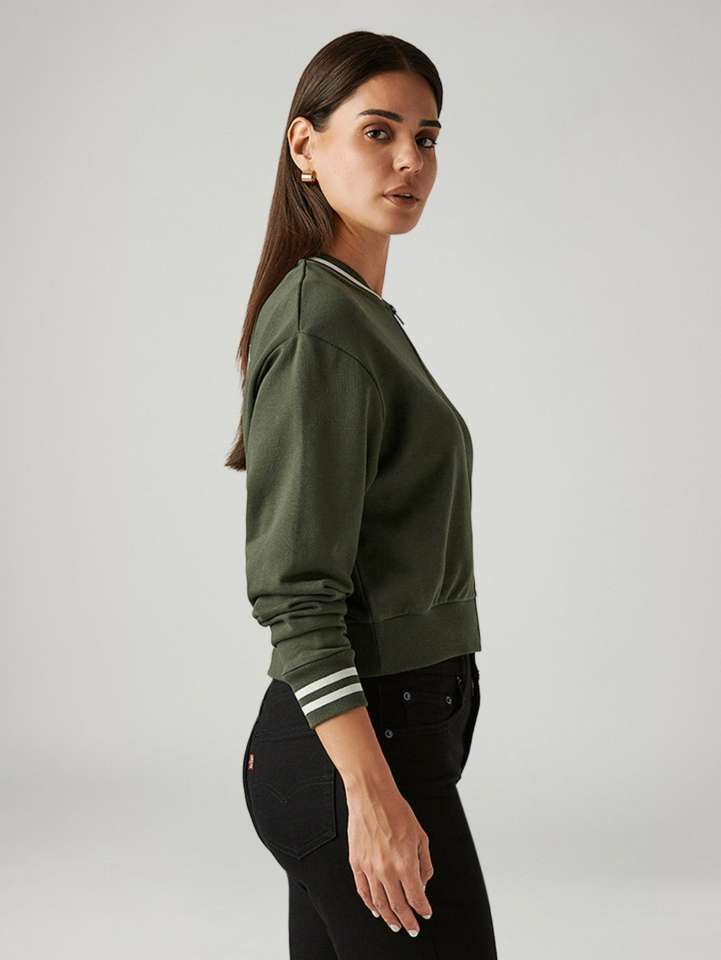 Women's Brand Logo Olive Crew Neck Sweatshirt - Side View