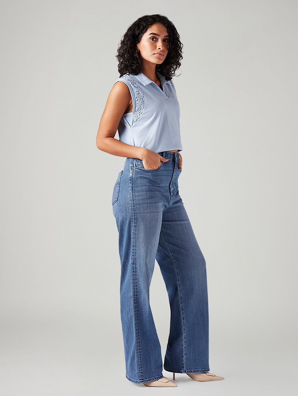 Women's Light Blue Loose Fit High Rise Redloop Jeans - Side View