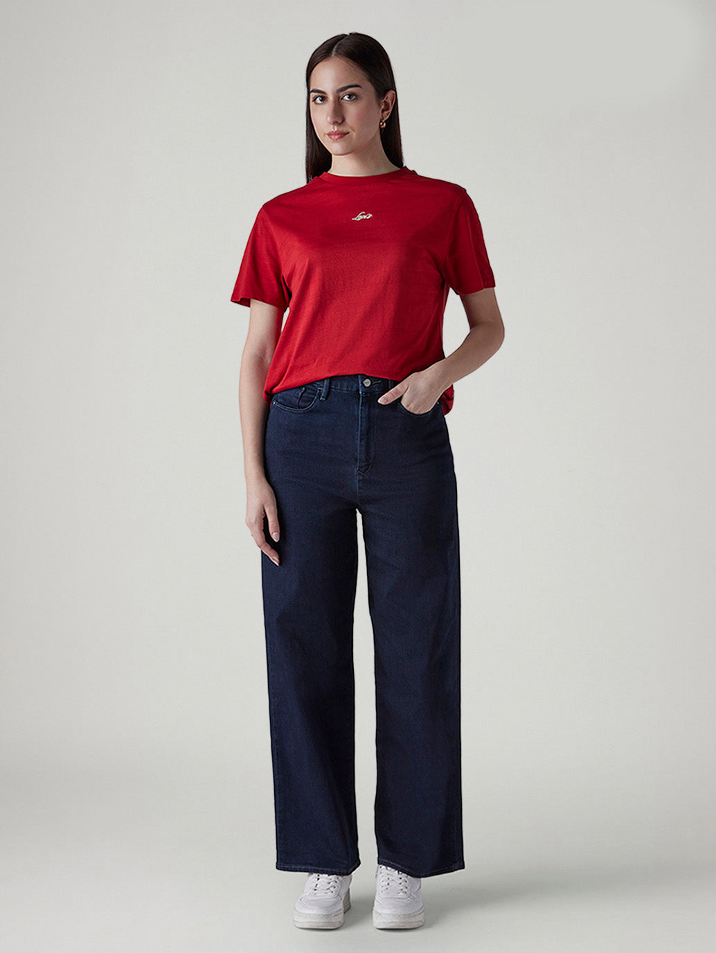 Women's Dark Indigo Loose Fit High Rise Redloop Jeans - Styleshot View