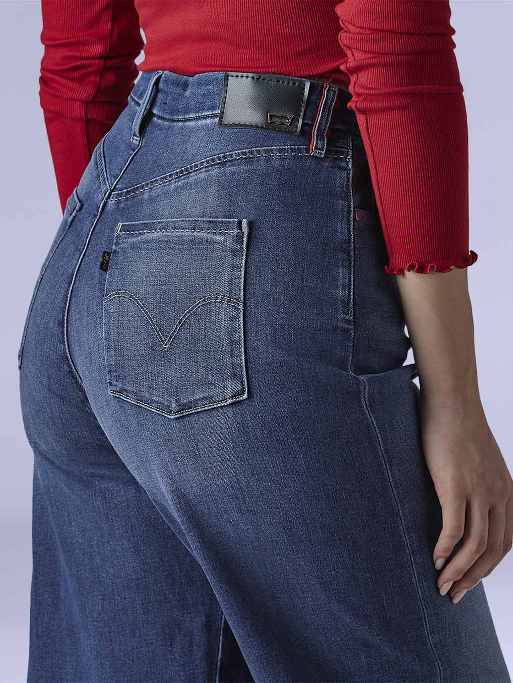 Women's Dark Indigo Loose Fit High Rise Redloop Jeans - Detail View