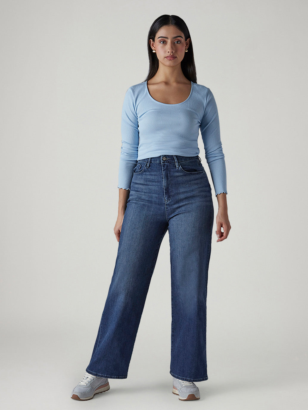 Women's Med Indigo Loose Fit High Rise Redloop Jeans - Front View