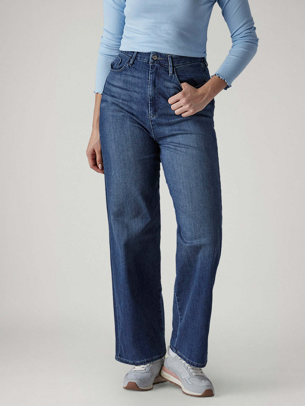 Women's Med Indigo Loose Fit High Rise Redloop Jeans - Front View