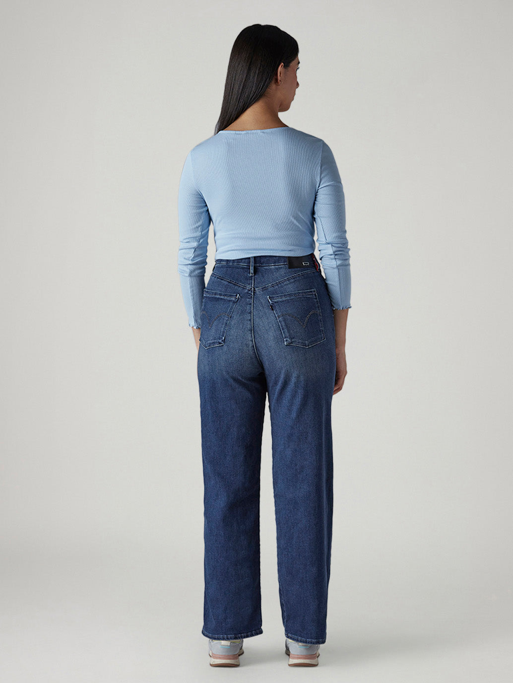 Women's Med Indigo Loose Fit High Rise Redloop Jeans - Back View