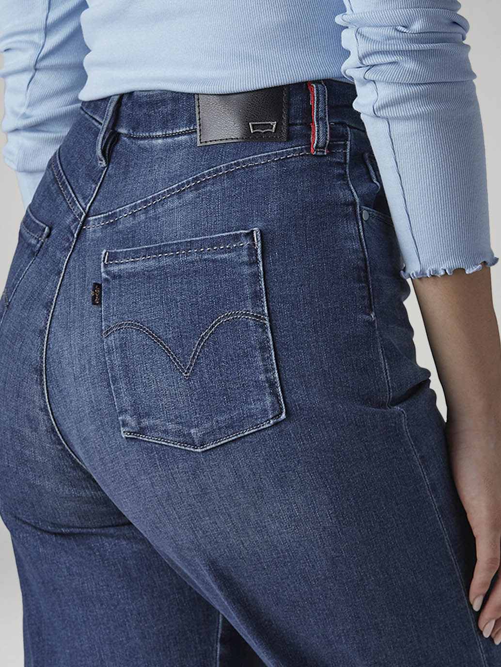 Women's Med Indigo Loose Fit High Rise Redloop Jeans - Detail View