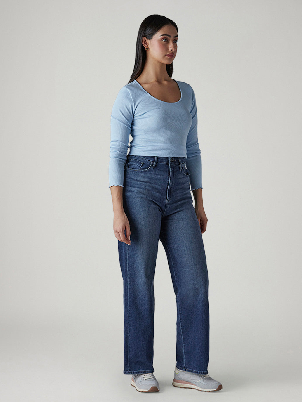 Women's Med Indigo Loose Fit High Rise Redloop Jeans - Side View