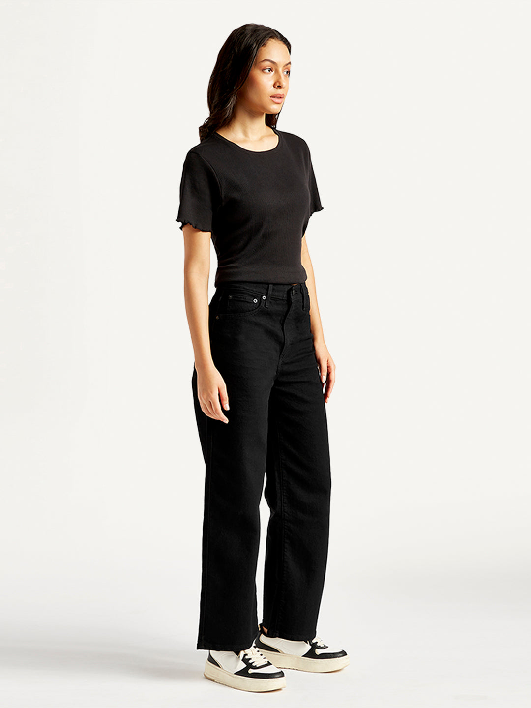 Women's Black Mile High Wide Leg Fit High Rise Jeans - Side View