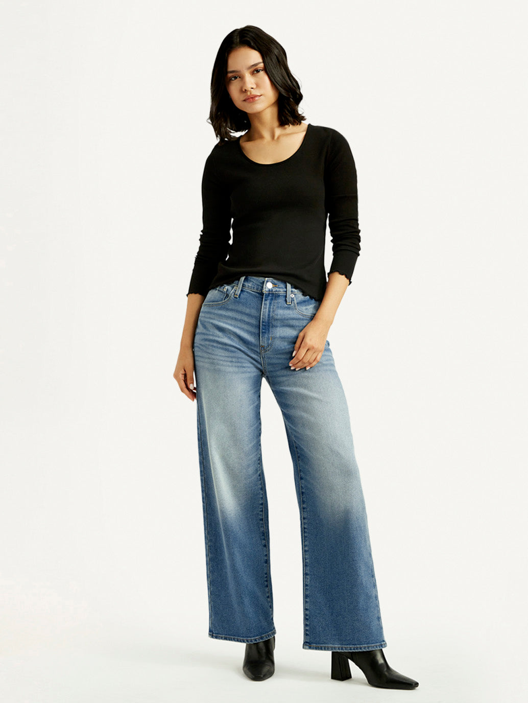 Women's Blue Wide Leg Fit High Rise Jeans