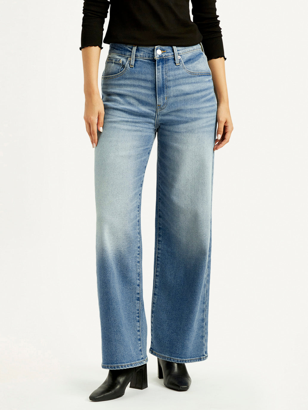 Women's Blue Wide Leg Fit High Rise Jeans - Front View