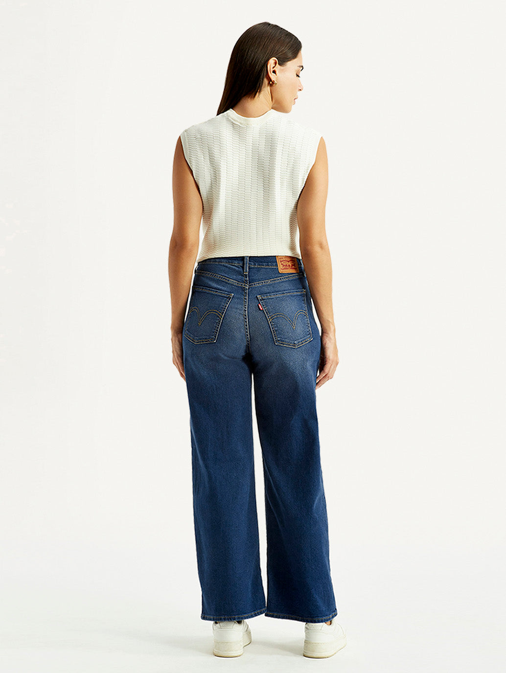 Women's Dark Indigo Mile High Wide Leg Fit High Rise Jeans - Back View