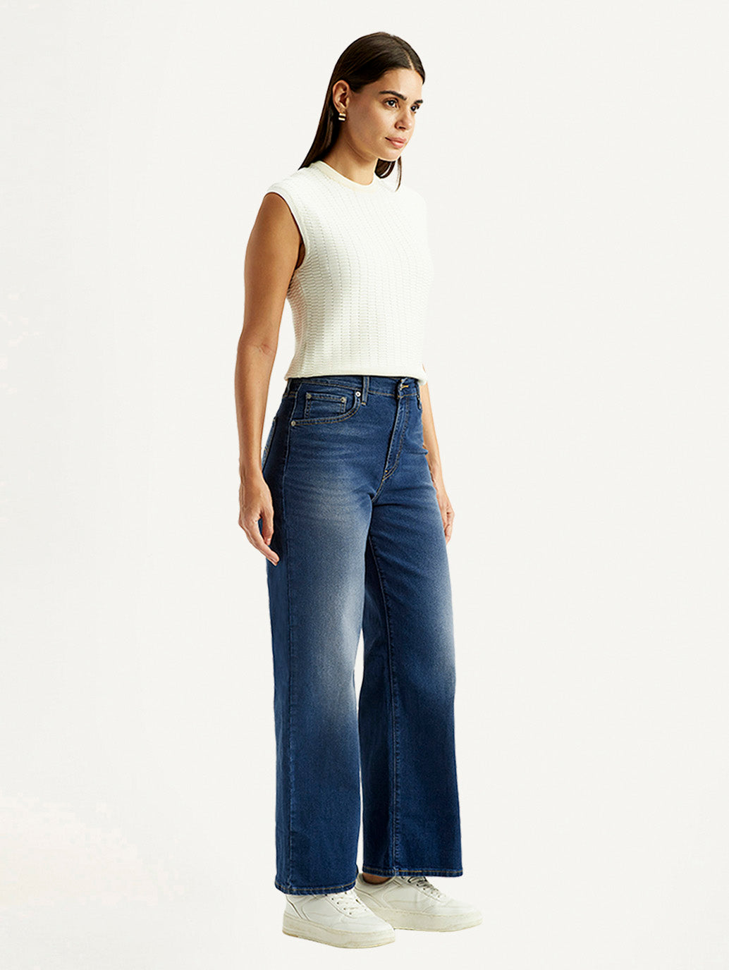 Women's Dark Indigo Mile High Wide Leg Fit High Rise Jeans - Side View