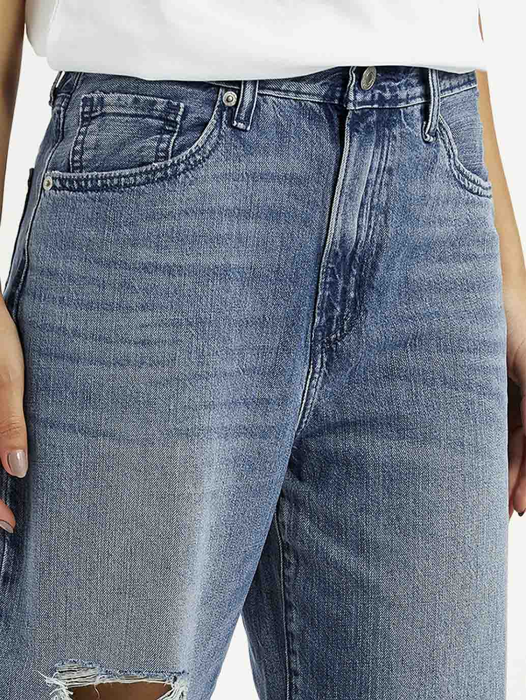 Women's Blue Wide Leg Fit High Rise Jeans - Detail View