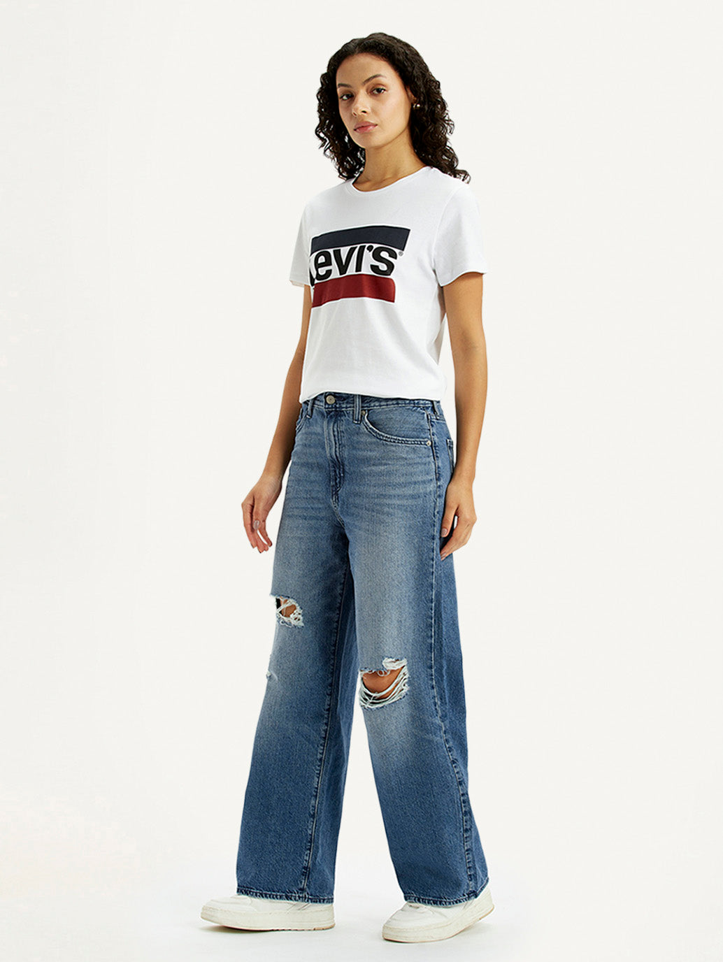 Women's Blue Wide Leg Fit High Rise Jeans - Side View