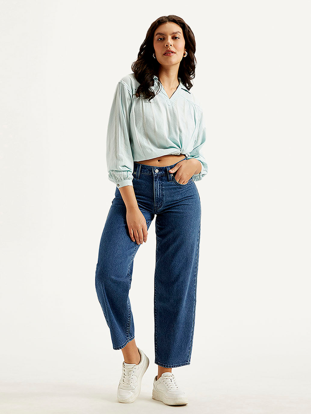 Women's Blue Baggy Dad Fit Mid Rise Jeans
