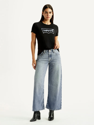 Women's Light Blue XL Straight Loose Fit Mid Rise Jeans