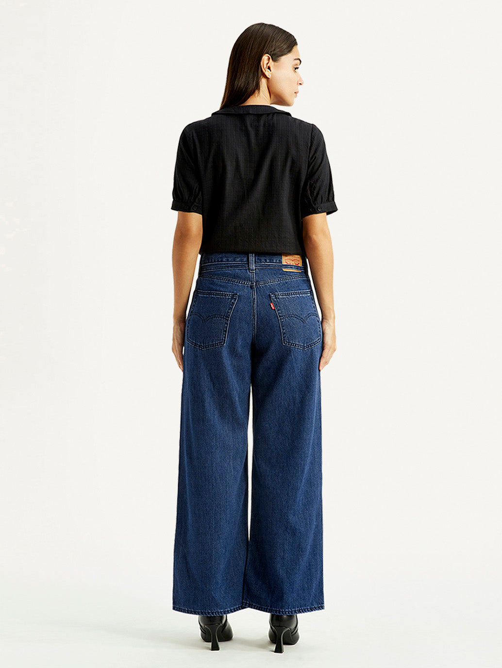 Women's Med Indigo XL Straight Loose Fit Mid Rise Jeans - Back View