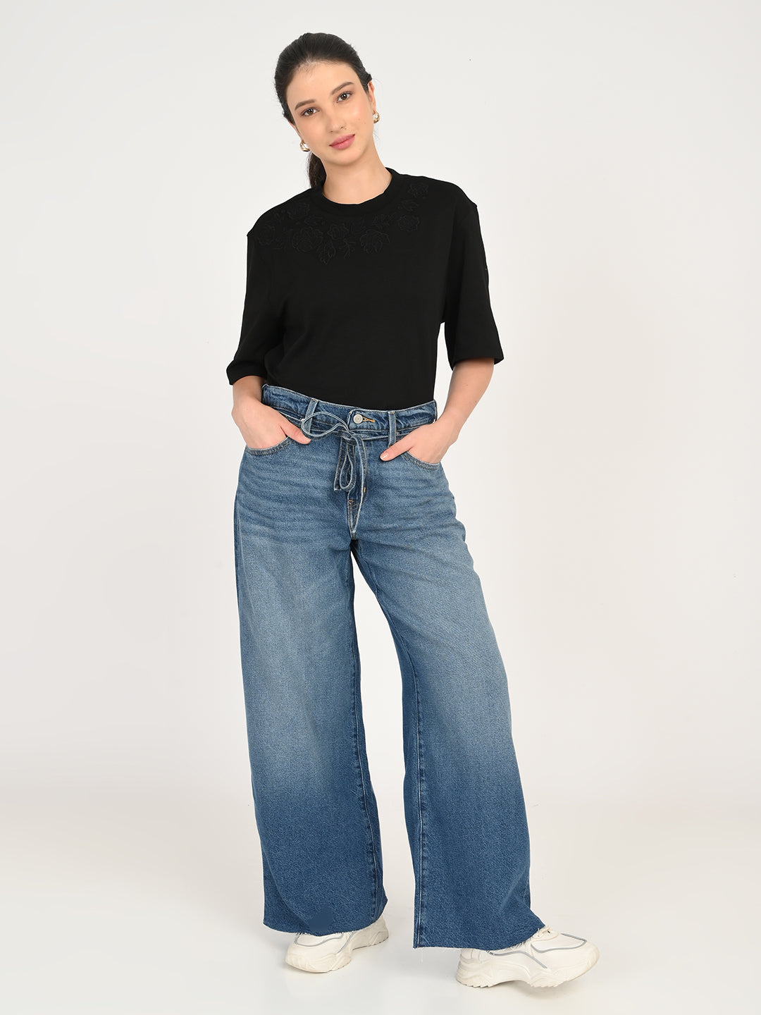 Women's Blue XL Straight Loose Fit Mid Rise Jeans