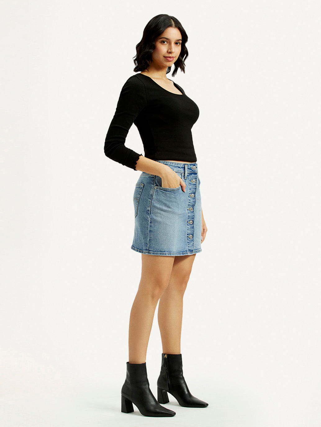 Women's Mid Rise Regular Fit Denim Skirt - Side View