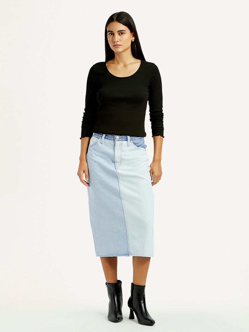 Women's Light Blue Regular Fit High Rise Denim Skirt - Front View