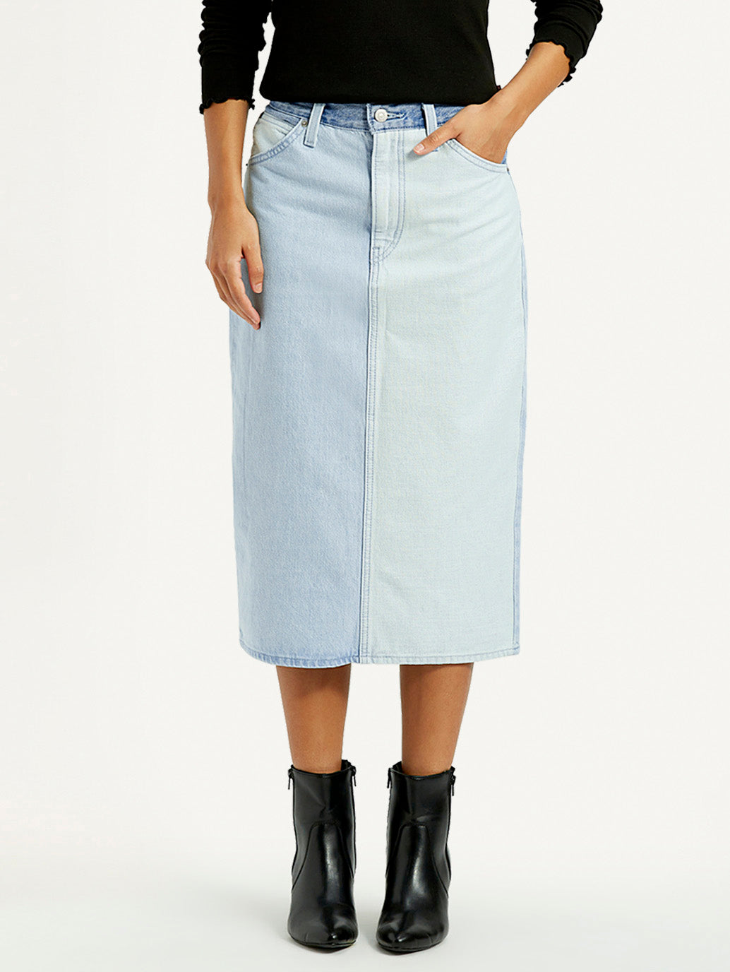 Women's Light Blue Regular Fit High Rise Denim Skirt - Front View
