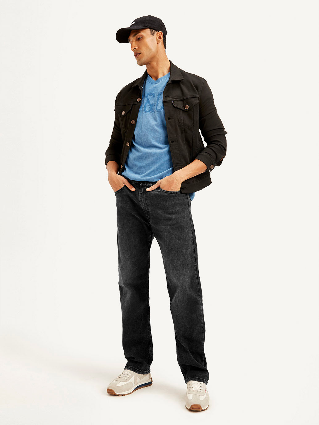 Men's 555 Black Relaxed Straight Fit Mid Rise Jeans