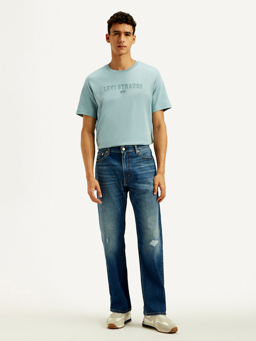 Men's 555 Med Indigo Relaxed Straight Fit Mid Rise Jeans - Front View