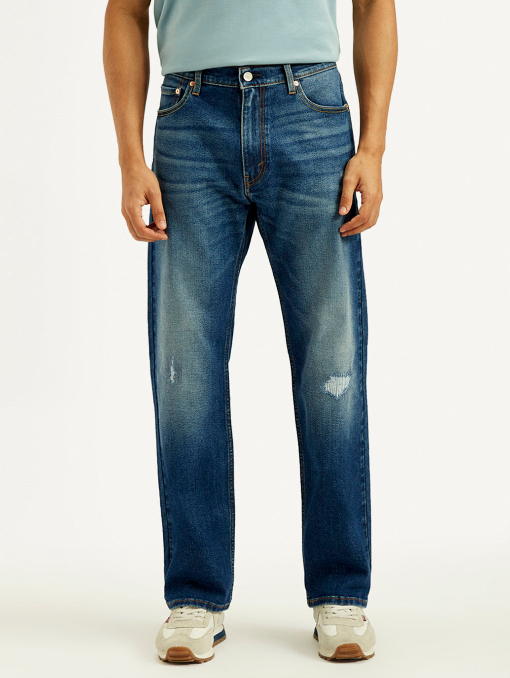 Men's 555 Med Indigo Relaxed Straight Fit Mid Rise Jeans - Front View