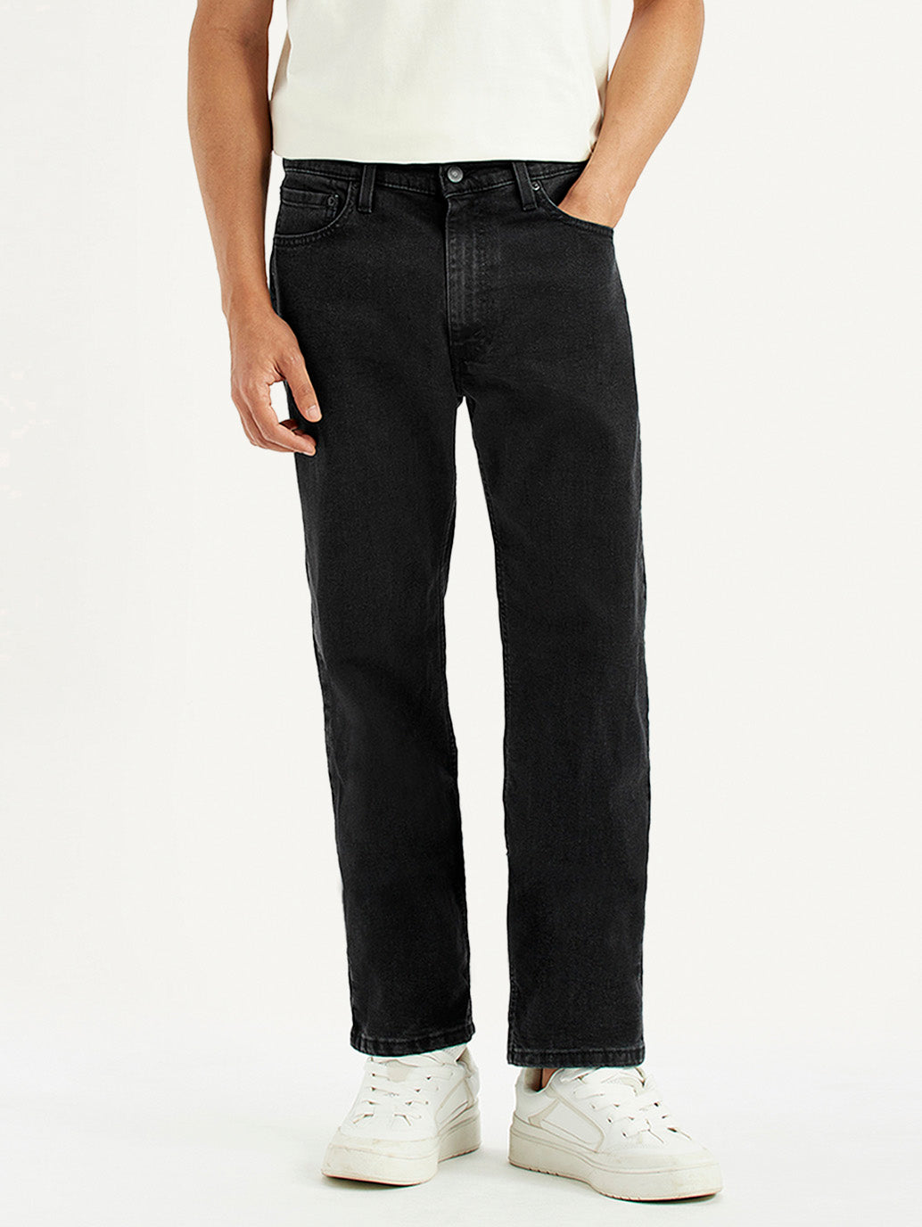 Men's 555 Black Loose Fit Mid Rise Jeans - Front View