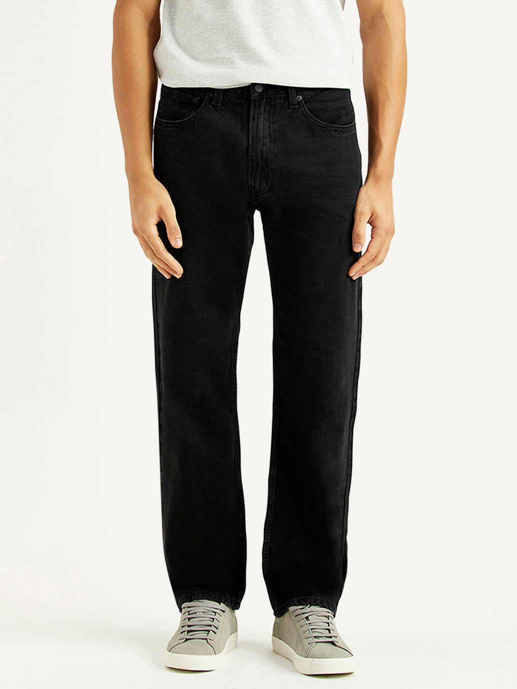 Men's 555 Black Relaxed Straight Fit Mid Rise Jeans - Front View