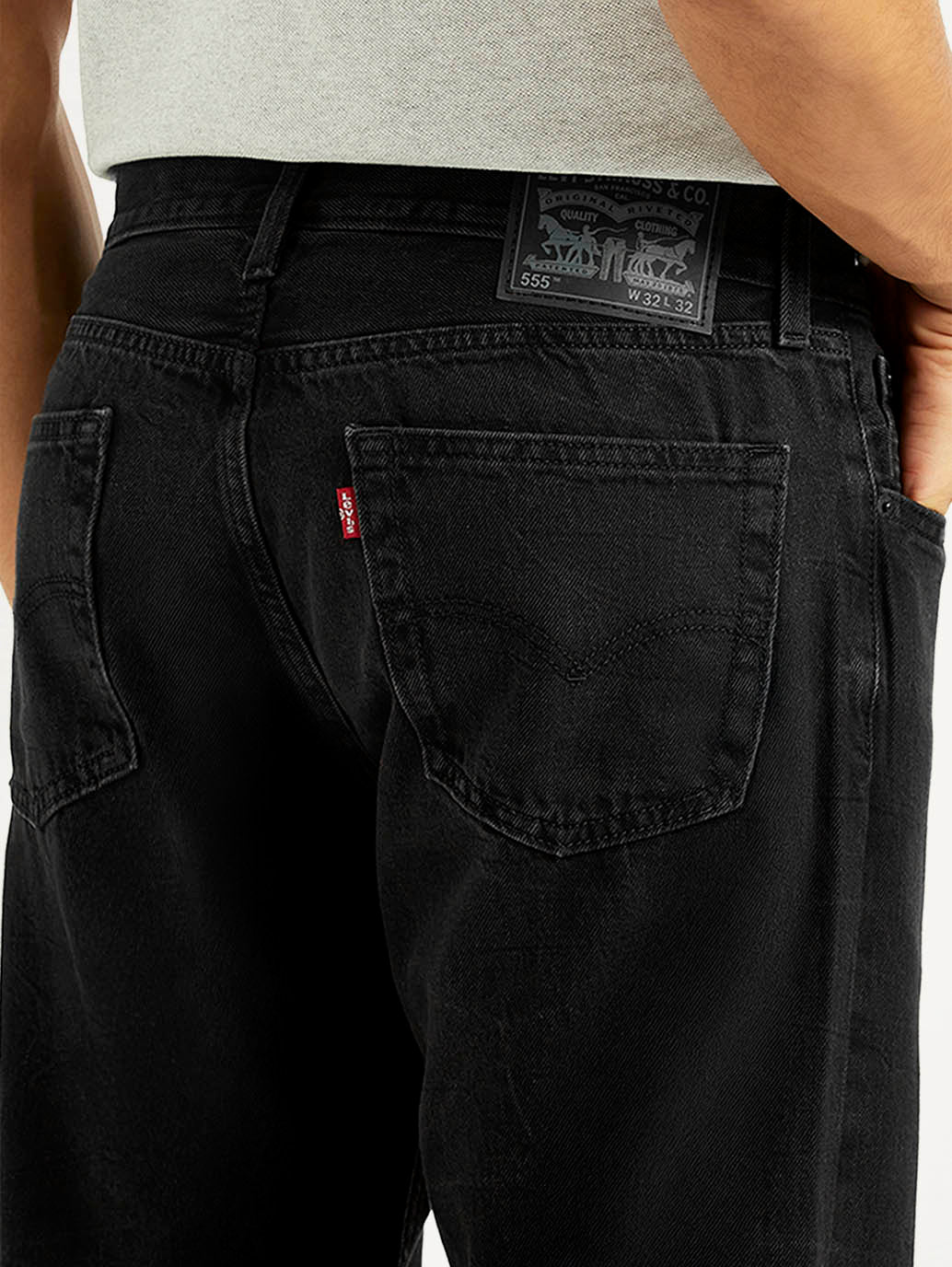 Men's 555 Black Relaxed Straight Fit Mid Rise Jeans - Detail View