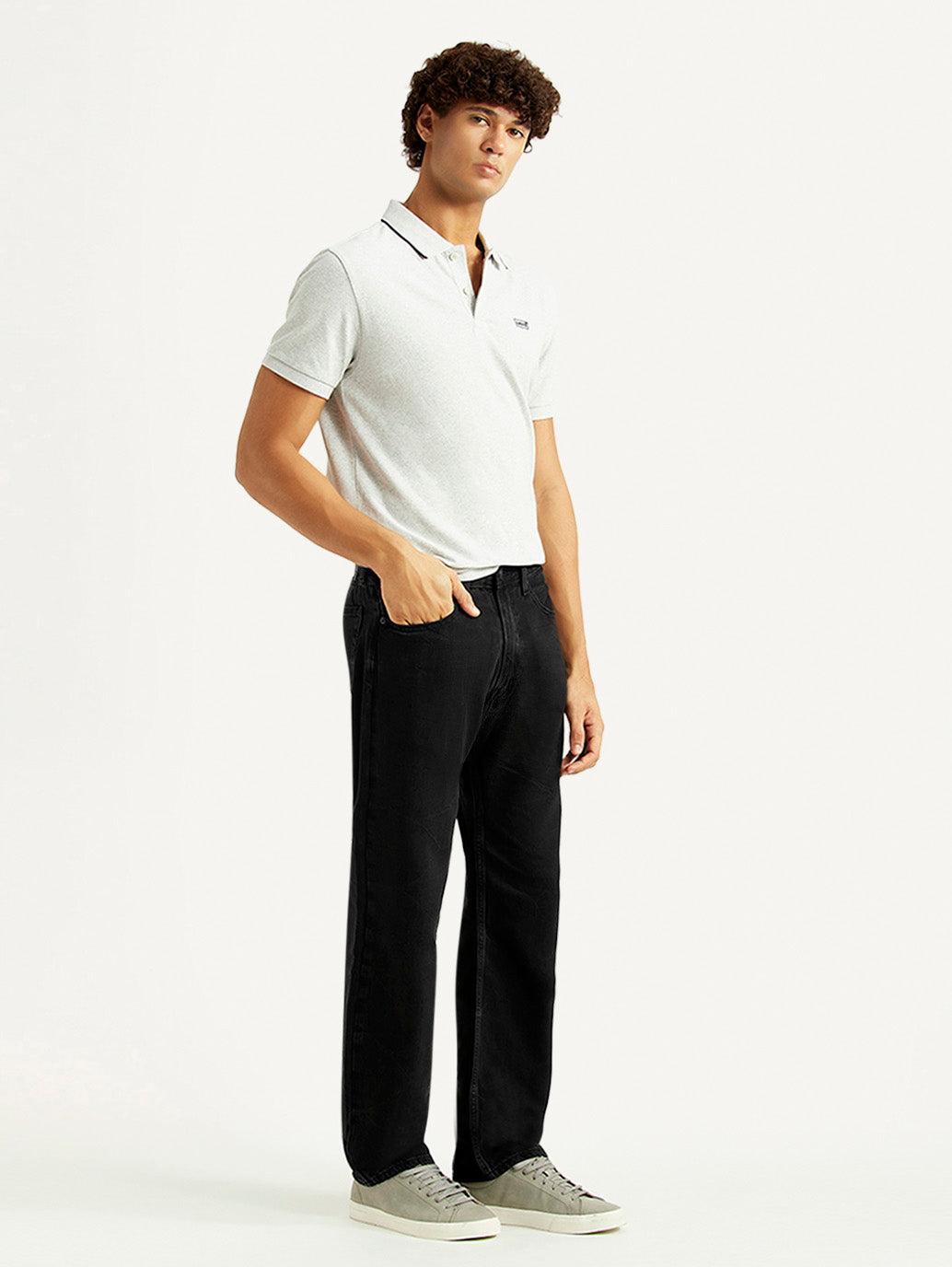Men's 555 Black Relaxed Straight Fit Mid Rise Jeans - Side View