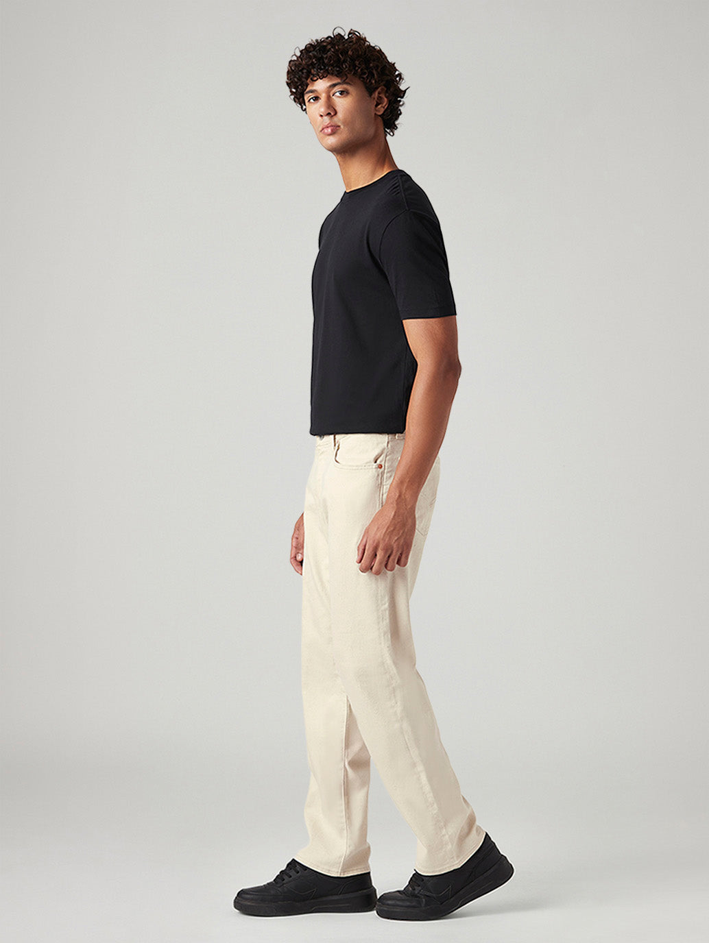 Men's 555 Beige Relaxed Straight Fit Mid Rise Linen Jeans - Side View