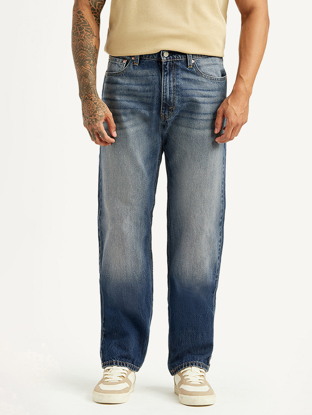 Men's Tinted 555 Blue Relaxed Straight Fit Mid Rise Jeans - Front View