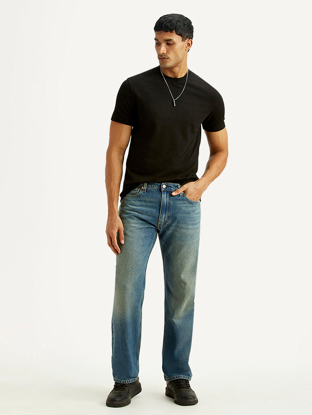Men's 555 Blue Relaxed Straight Fit Mid Rise Tinted Jeans - Styleshot View