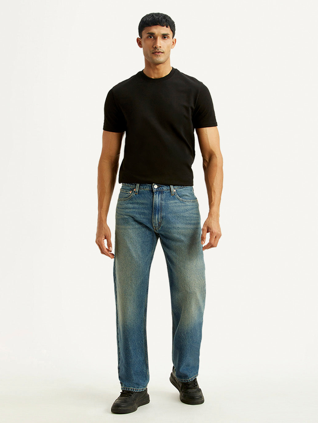 Men's 555 Blue Relaxed Straight Fit Mid Rise Tinted Jeans - Front View