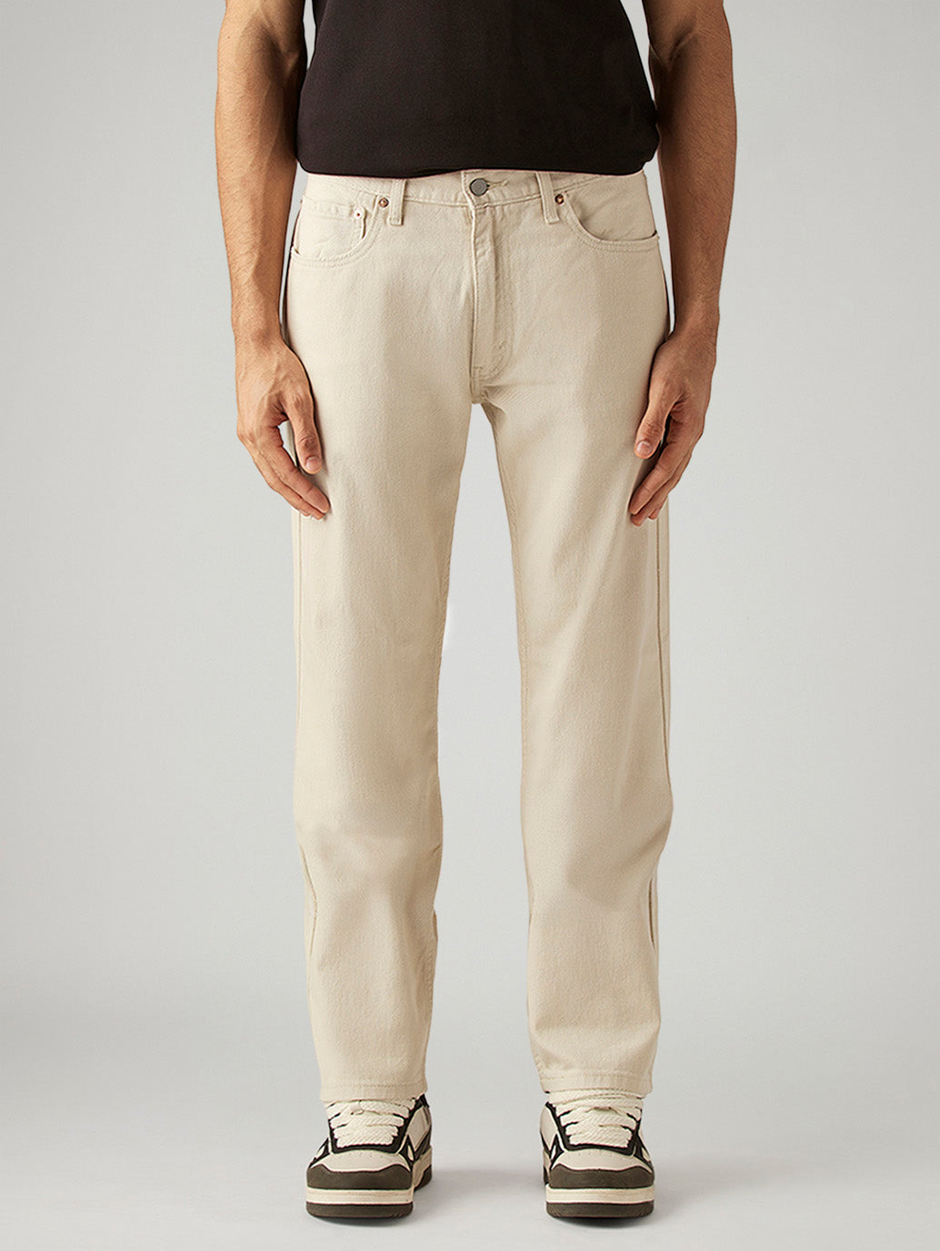 Men's 555 Beige Relaxed Straight Fit Mid Rise Jeans - Front View
