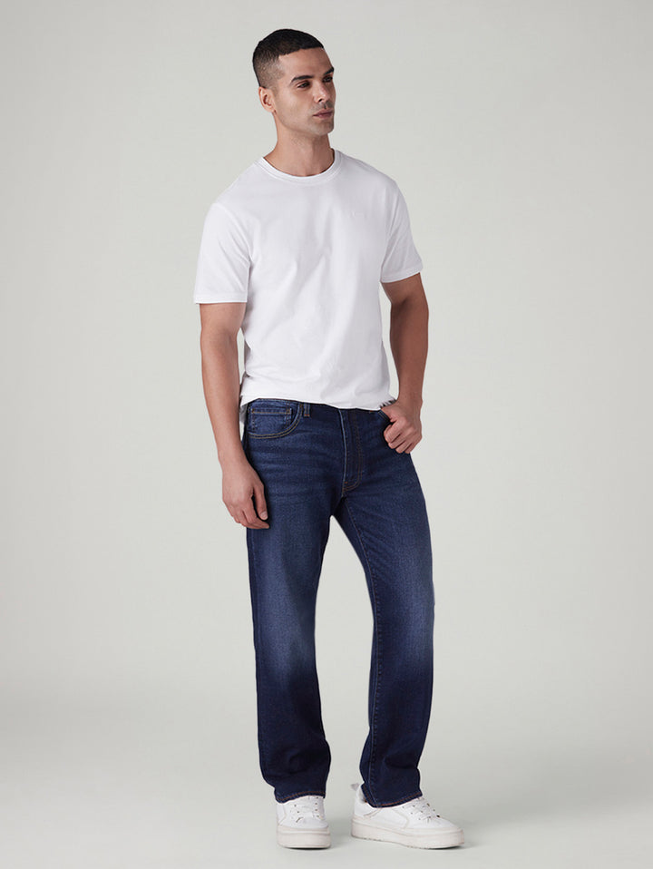 Men's 555 Dark Blue Relaxed Straight Fit Mid Rise Linen Jeans