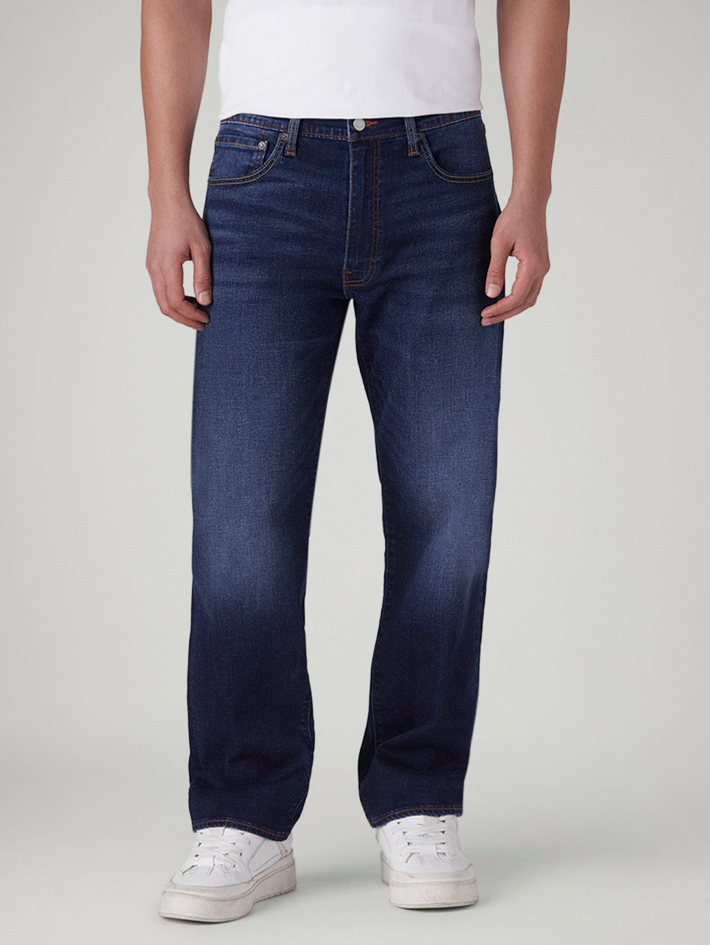 Men's 555 Dark Blue Relaxed Straight Fit Mid Rise Linen Jeans - Front View