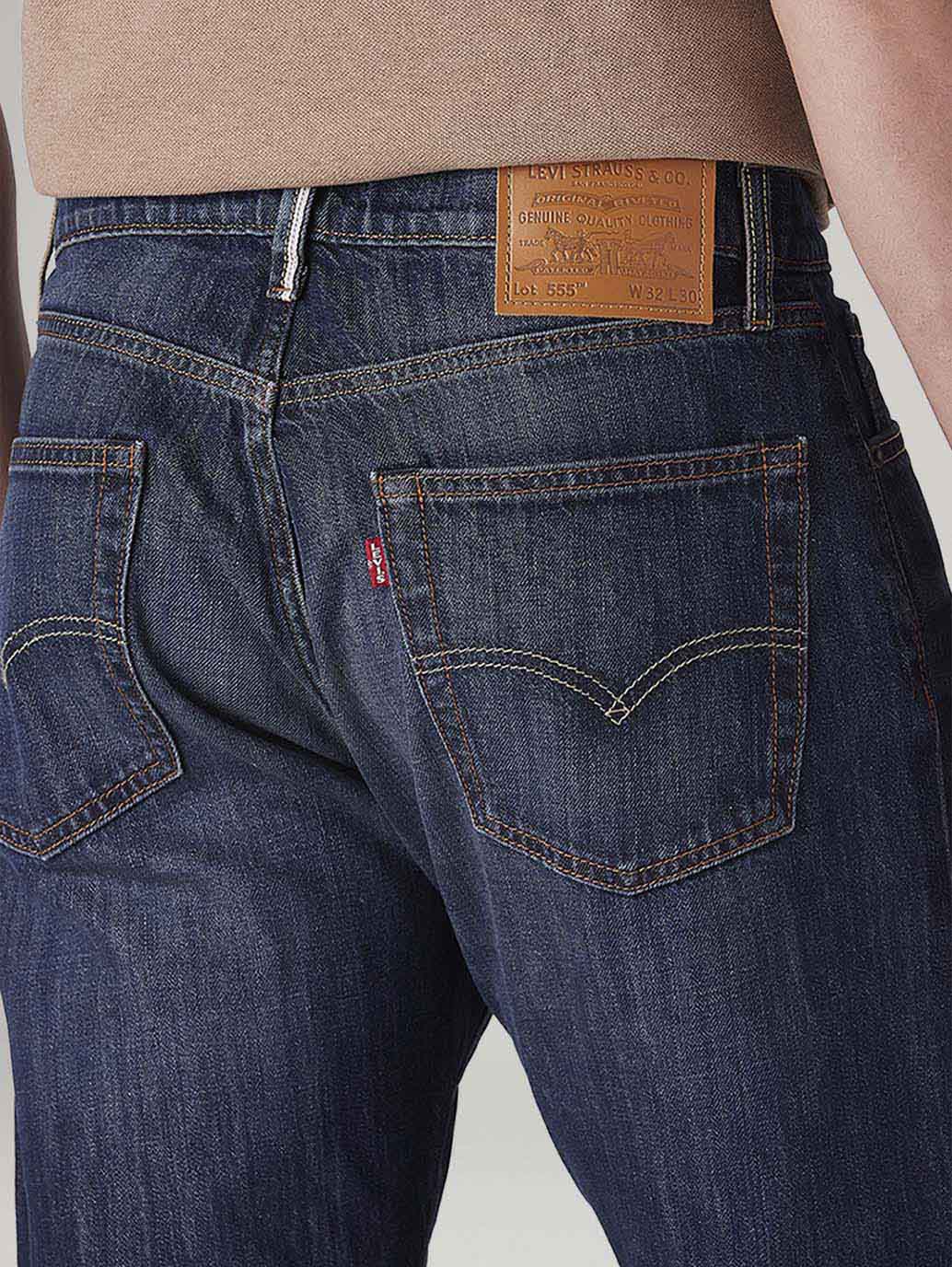 Men's 555 Dark Indigo Relaxed Straight Fit Mid Rise Selvedge Jeans - Detail View