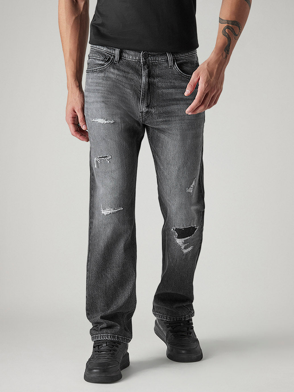 Men's 555 Charcoal Grey Relaxed Straight Fit Mid Rise Jeans - Front View
