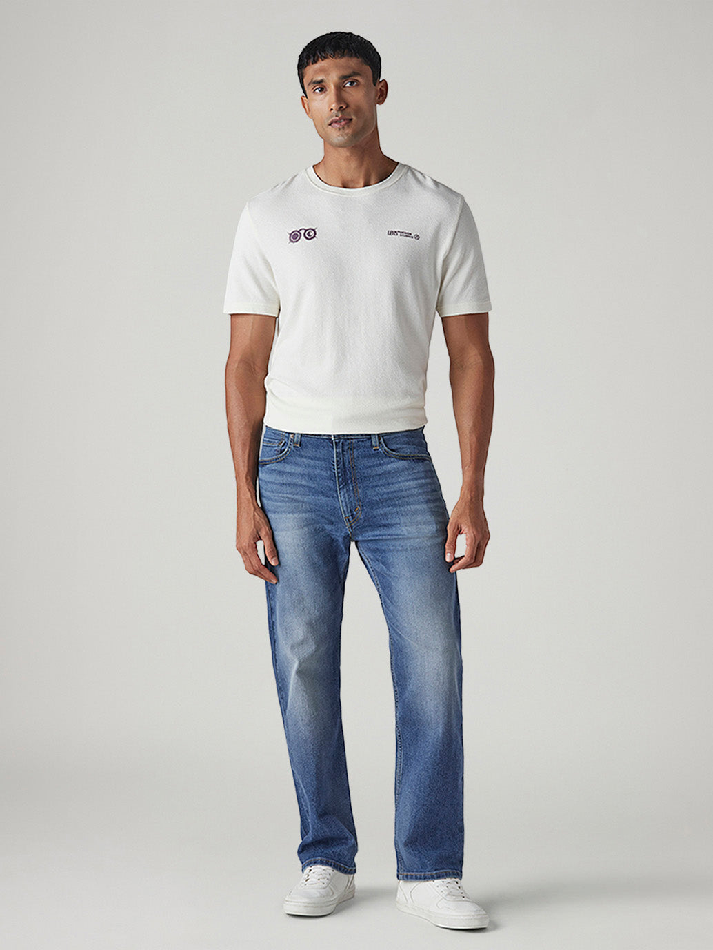 Men's 555 Blue Relaxed Straight Fit Mid Rise Performance Jeans - Front View