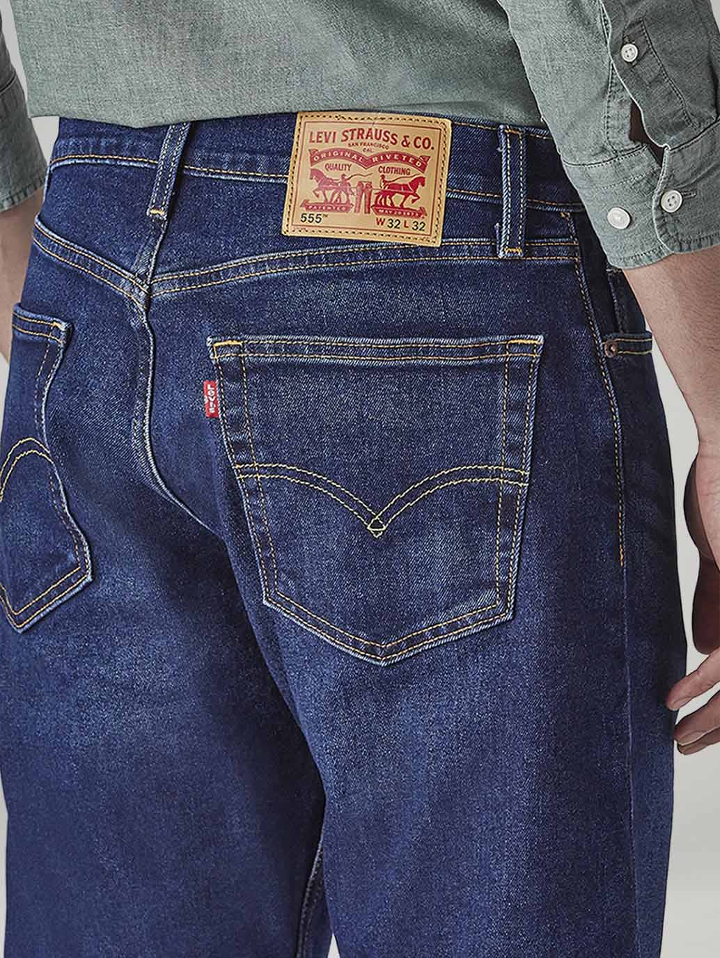 Men's 555 Blue Relaxed Straight Fit Mid Rise Jeans - Detail View