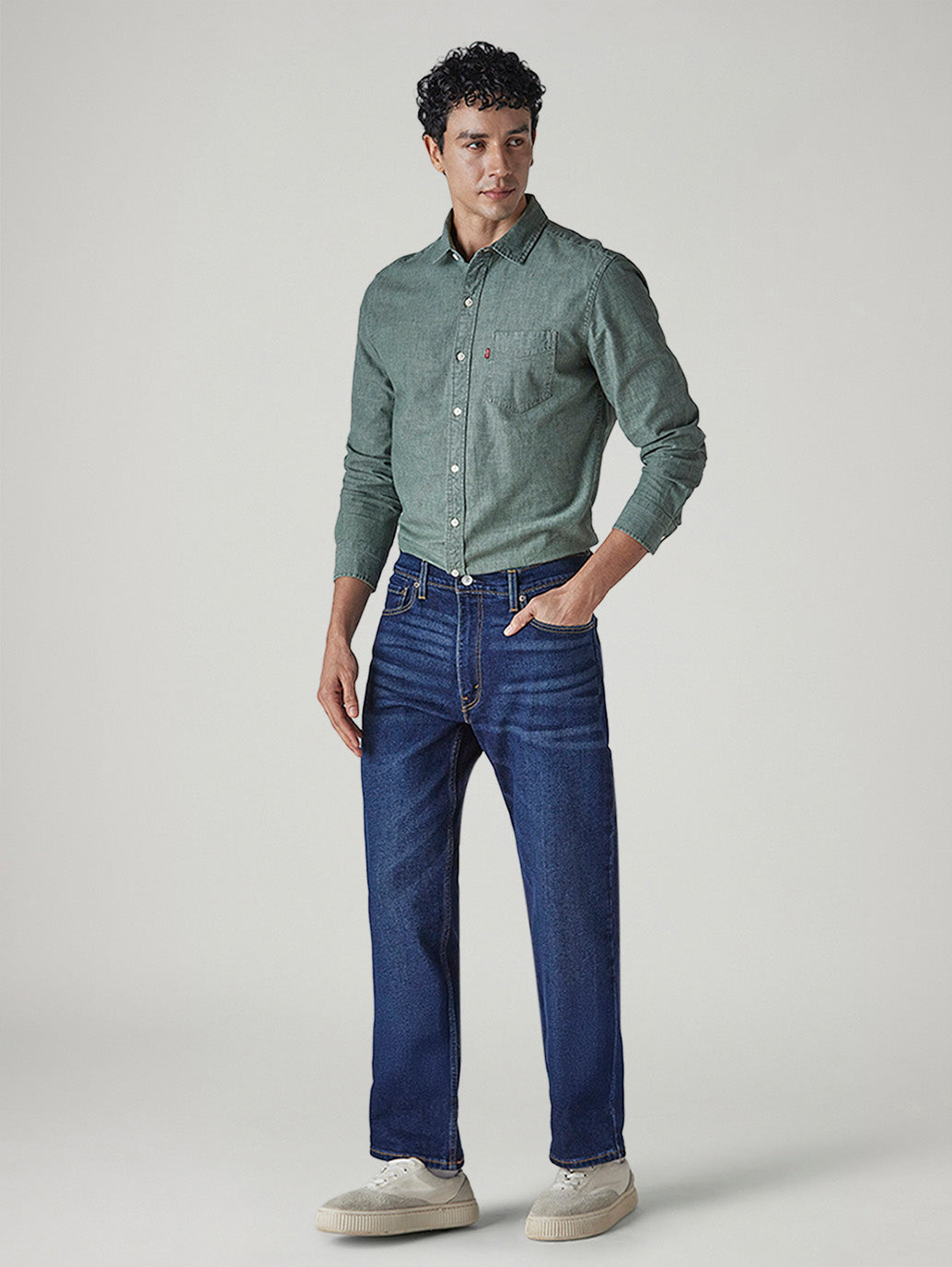 Men's 555 Blue Relaxed Straight Fit Mid Rise Jeans - Side View