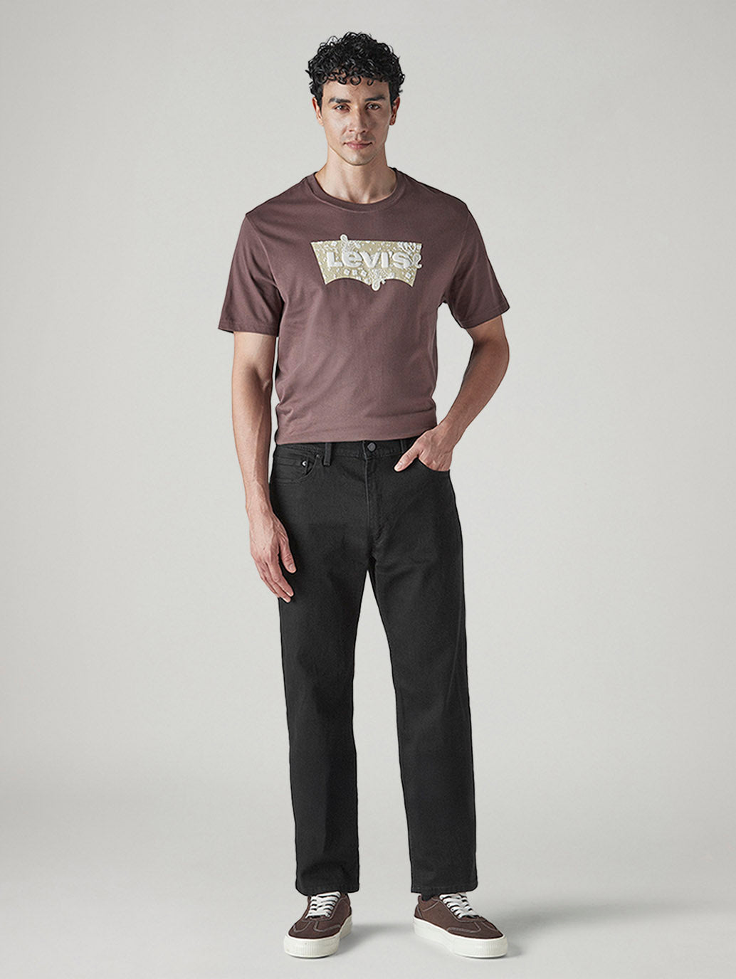 Men's 555 Black Relaxed Straight Fit Mid Rise Jeans - Front View