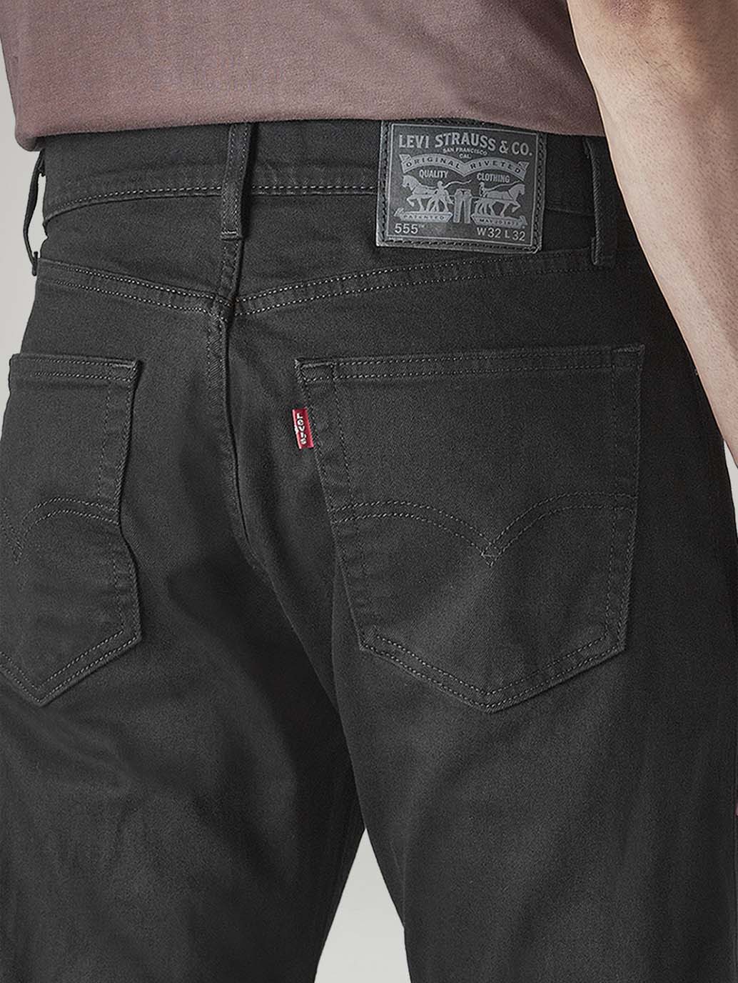 Men's 555 Black Relaxed Straight Fit Mid Rise Jeans - Detail View